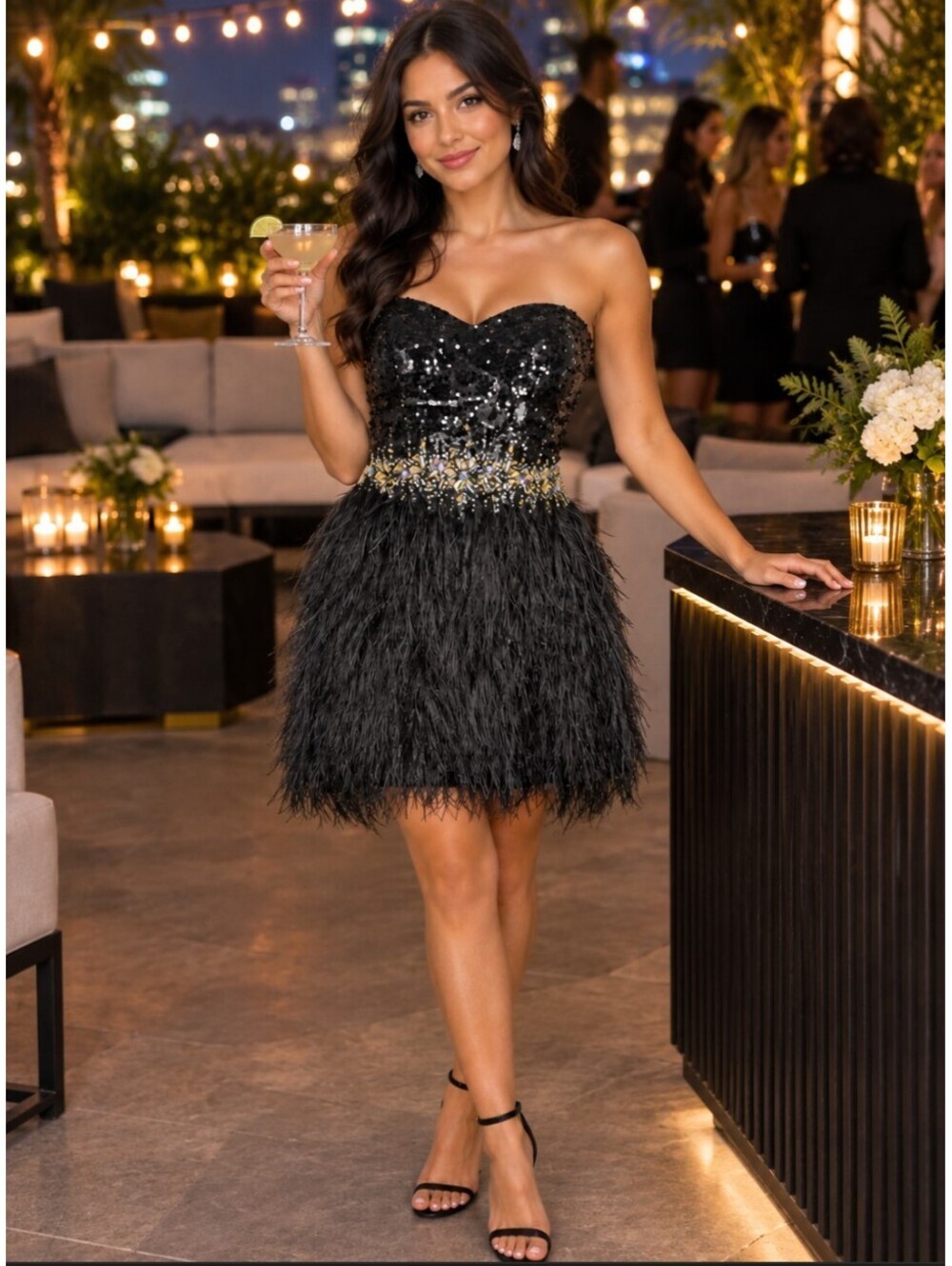 Sparkle Sequin Mini Dress Feather Glitter Strapless Party Cocktai Women Medium 6
